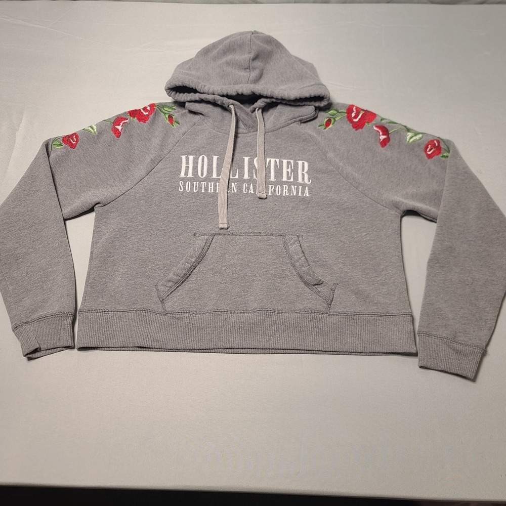 Hollister Gray Floral Embroidered‎ Hoodie M Y2K Soft Grunge SOCAL Emo LA Core